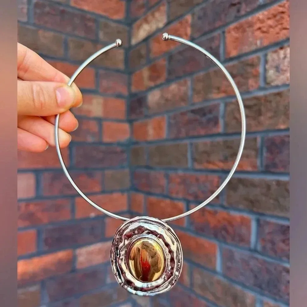 Silver Button Oval Bangle Necklace
